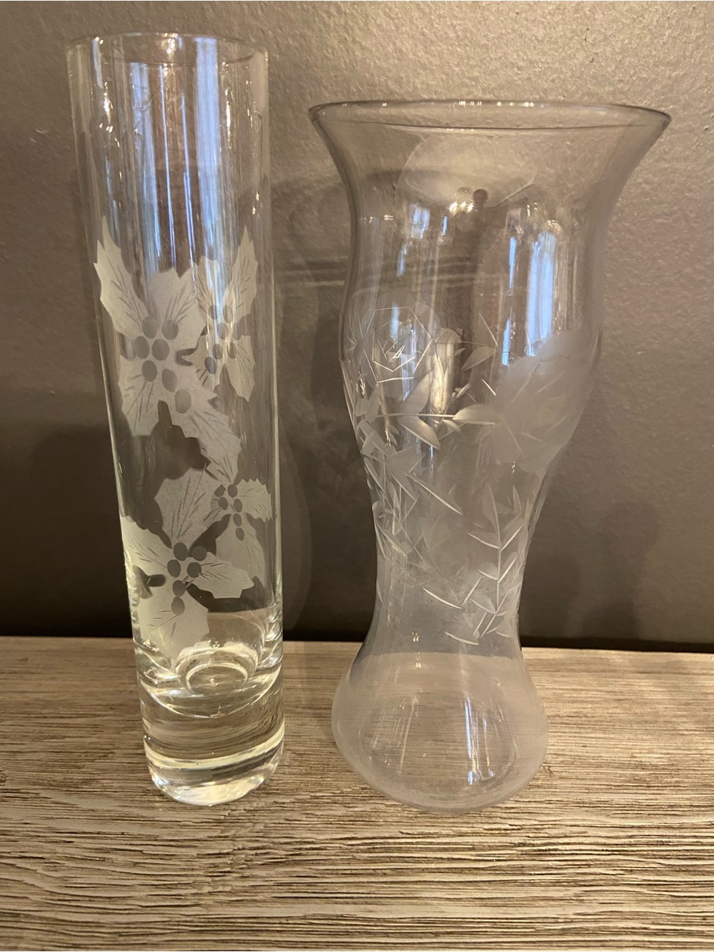 Etched Glass Vase Set Of Two Clear Floral Embossed Bud Vases Vintage 1960’s